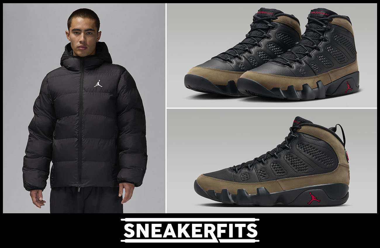 Air Jordan 9 Olive Puffer Jacket Outfit Sneakerfits