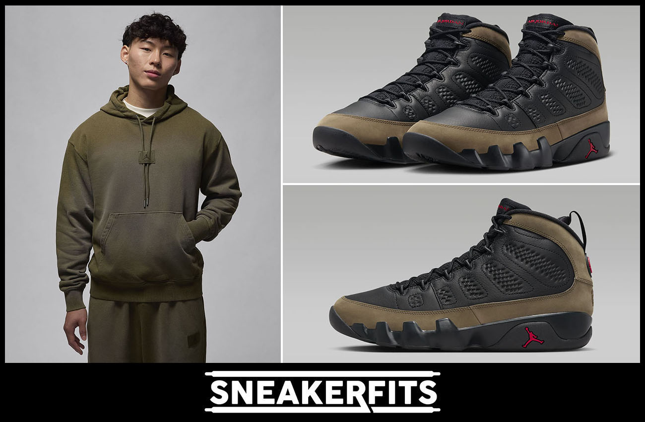 Air Jordan 9 Olive Pullover Hoodie and Pants Outfit Sneakerfits