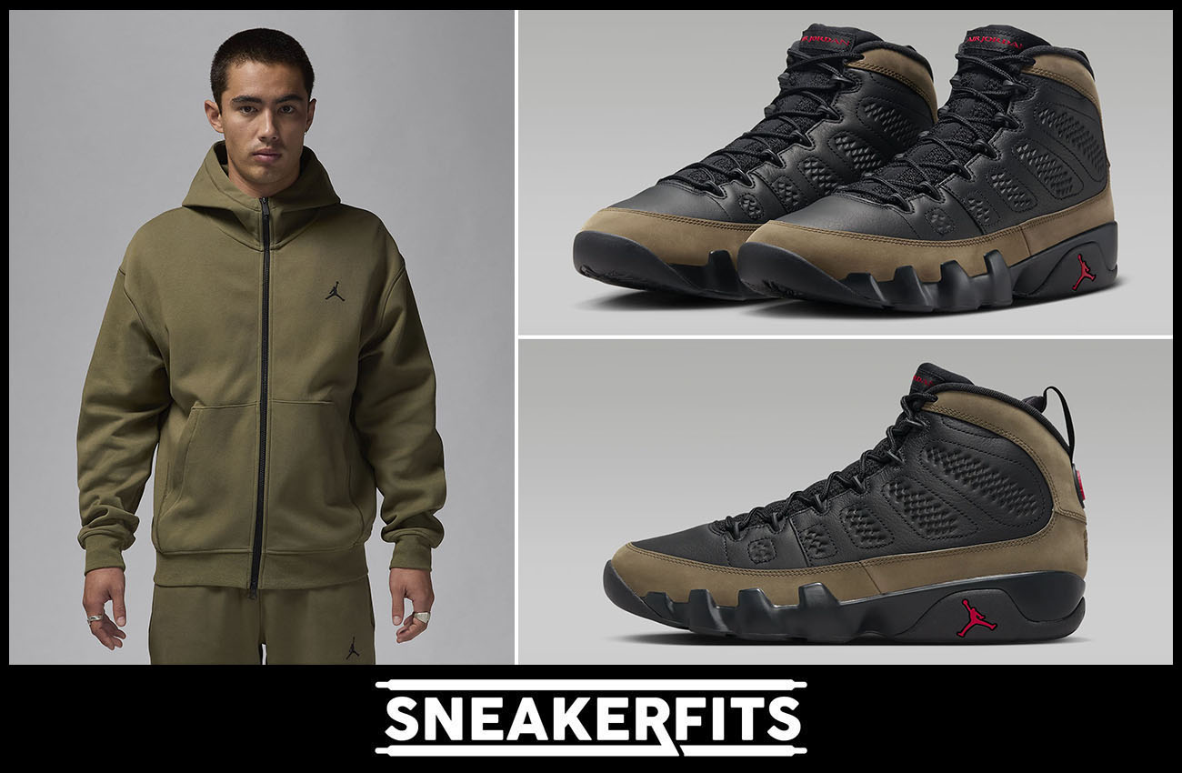 Air Jordan 9 Olive Zip Hoodie Pants Outfit Sneakerfits