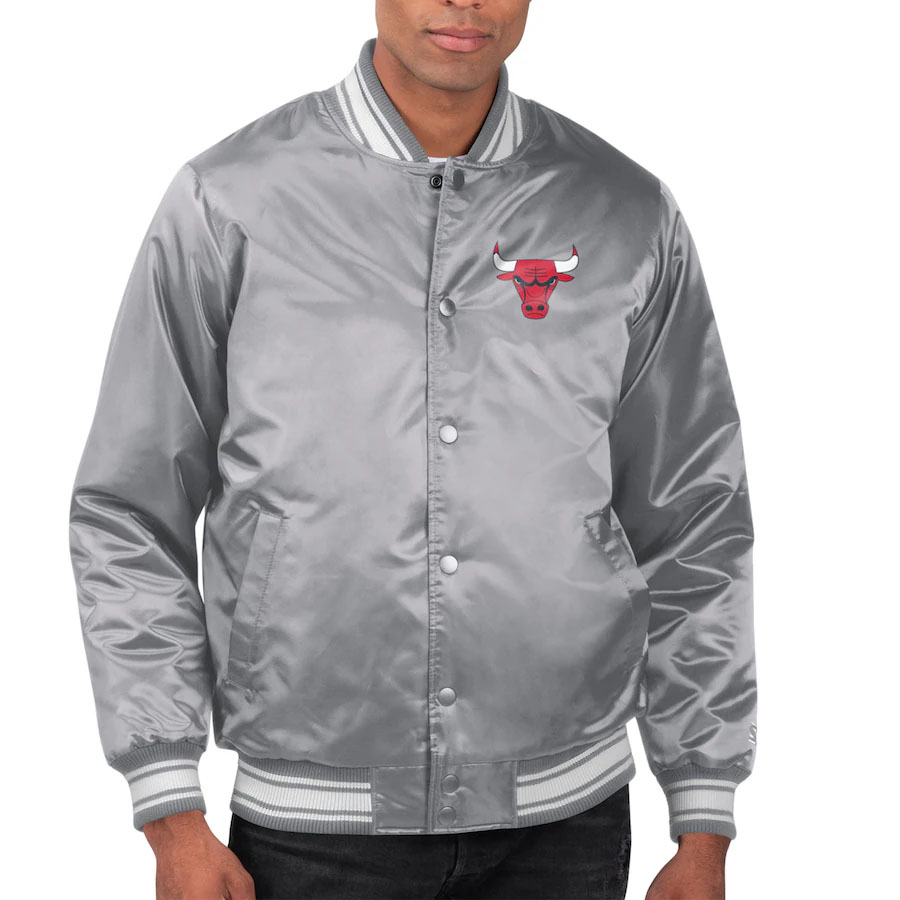 Chicago Bulls Starter Satin Varsity Jacket Gray 1.