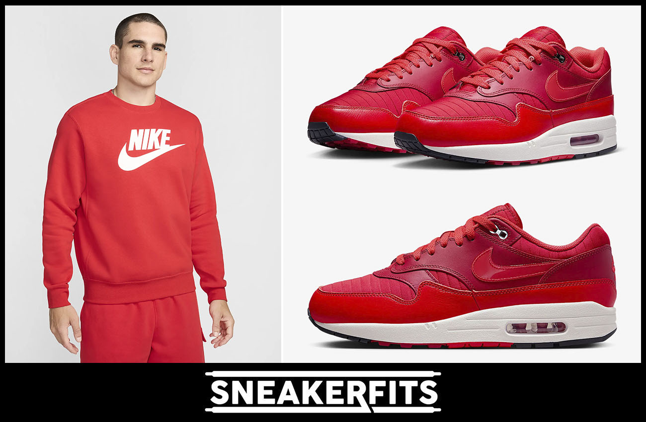 Nike Air Max 1 Gym Red University Red Sneakers and Shirt Outfit Sneakerfits