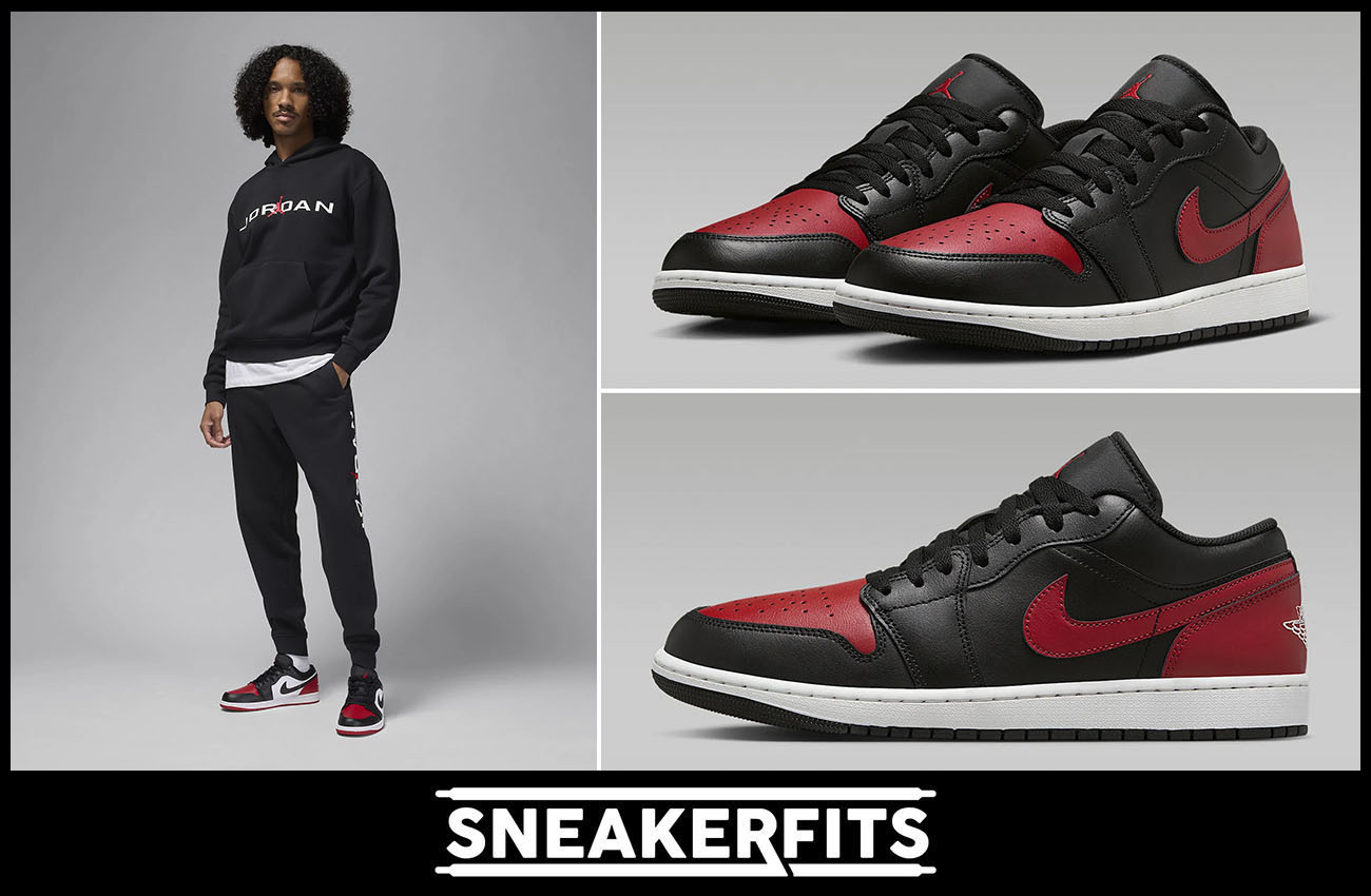 Air Jordan 1 Low Black Varsity Red Hoodie and Pants Outfit