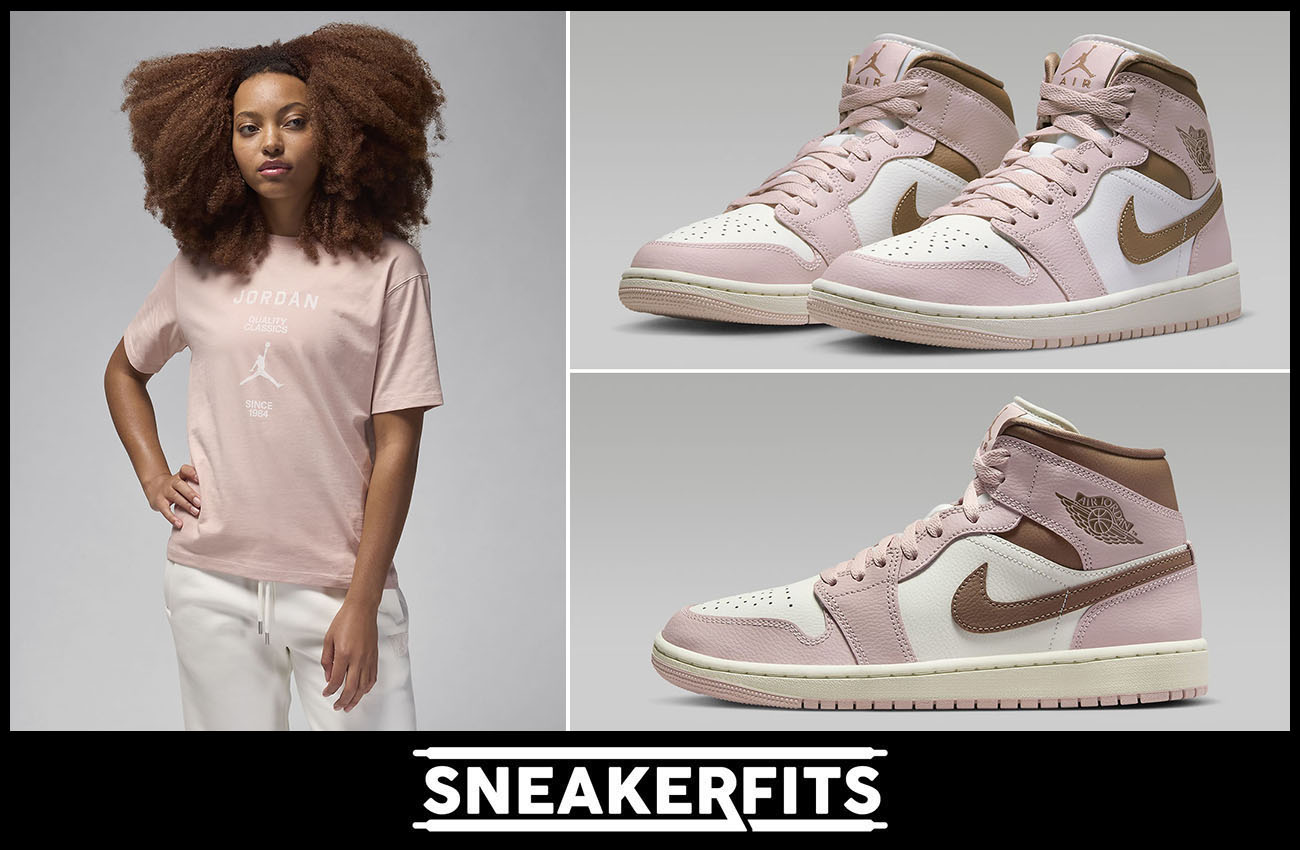 Air Jordan 1 Mid Pink Oxford Archaro Brown Shirt Outfit