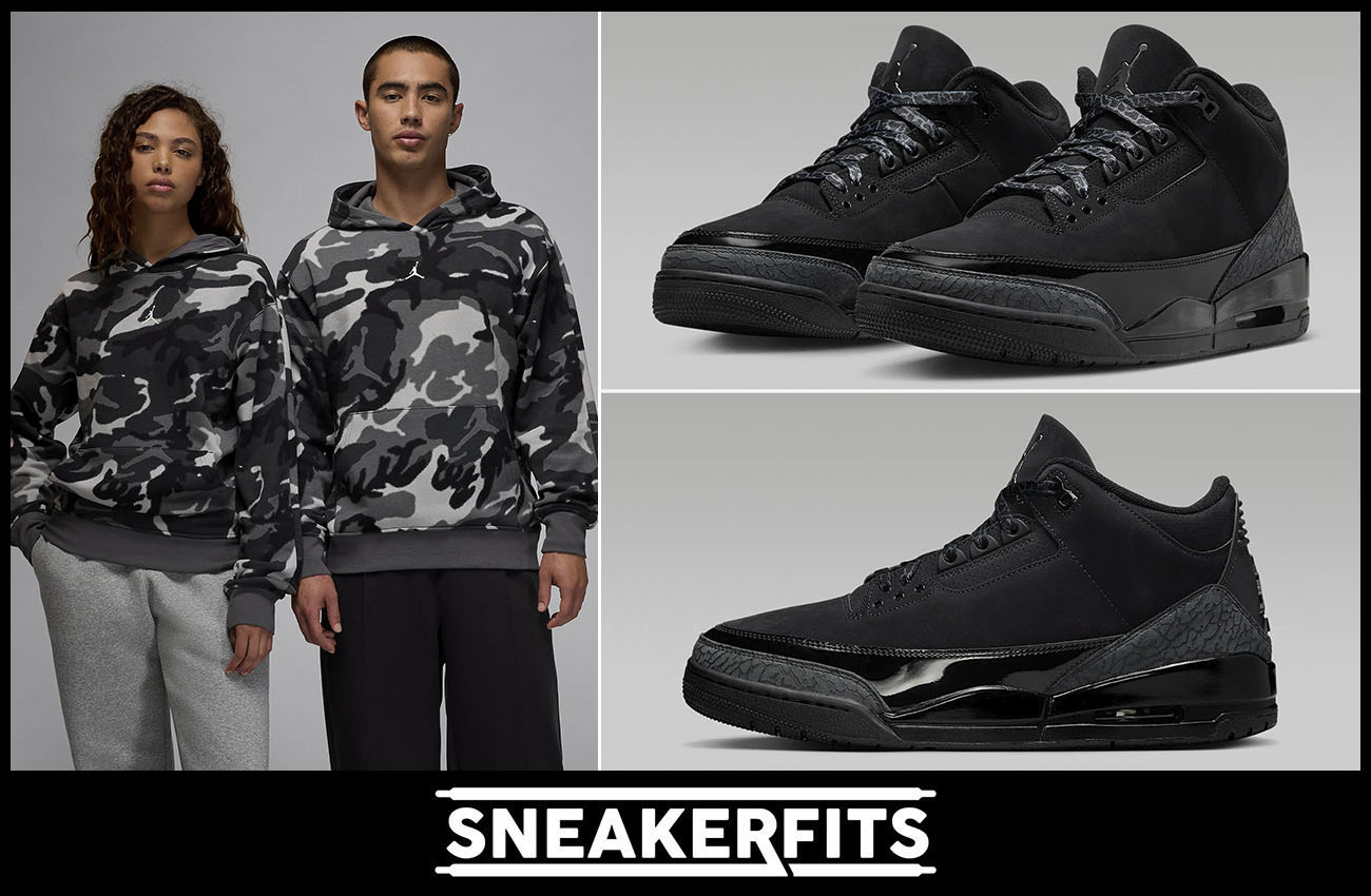 Air Jordan 3 Black Cat Mens Shoes and Camo Hoodie Outfit