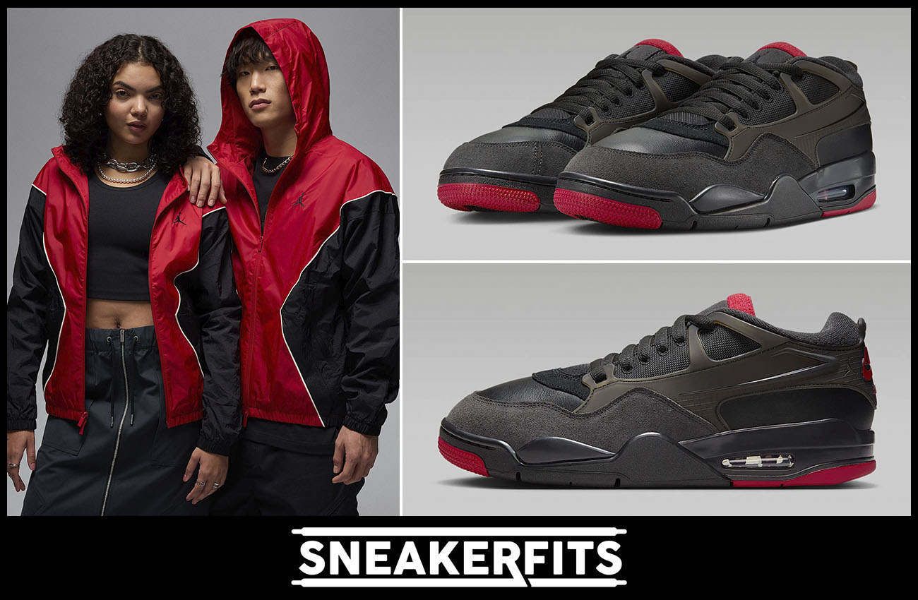 Air Jordan 4 RM Black Anthracite Varsity Red Mens Shoes Jacket Outfit