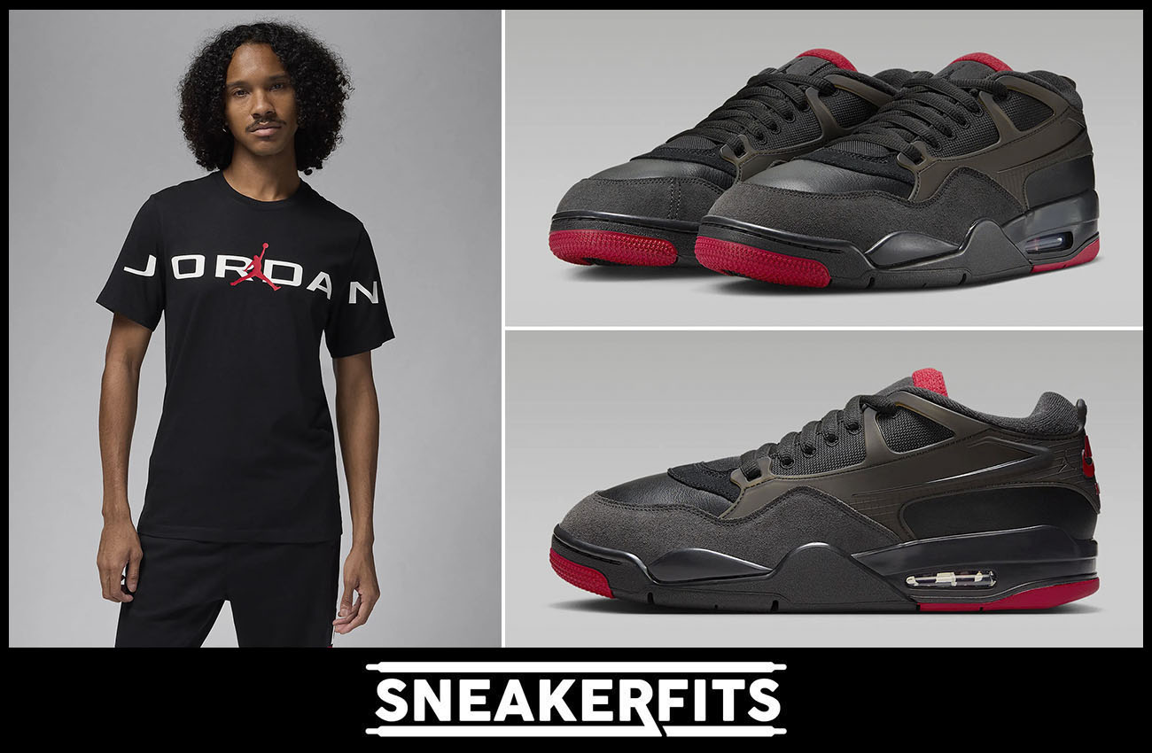 Air Jordan 4 RM Black Anthracite Varsity Red Mens Shoes T Shirt Outfit