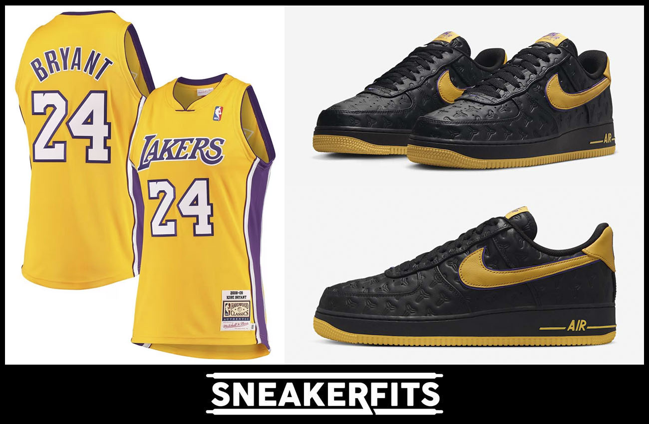 Kobe Bryant Nike Air Force 1 Lakers Away Black Gold Jersey Outfit