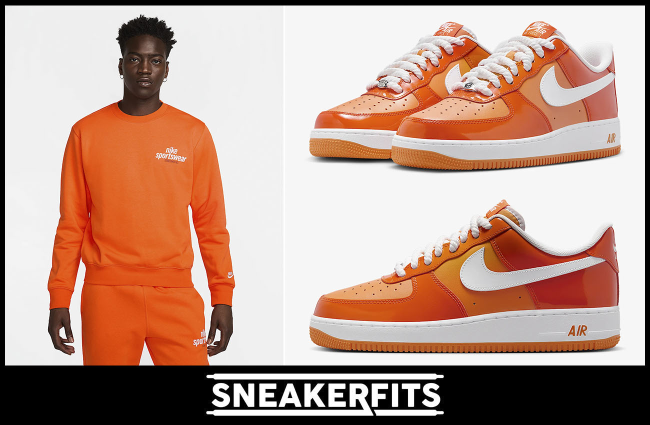 Nike Air Force 1 Low Patent Safety Orange Mens Shoes and Sweatshirt Outfit