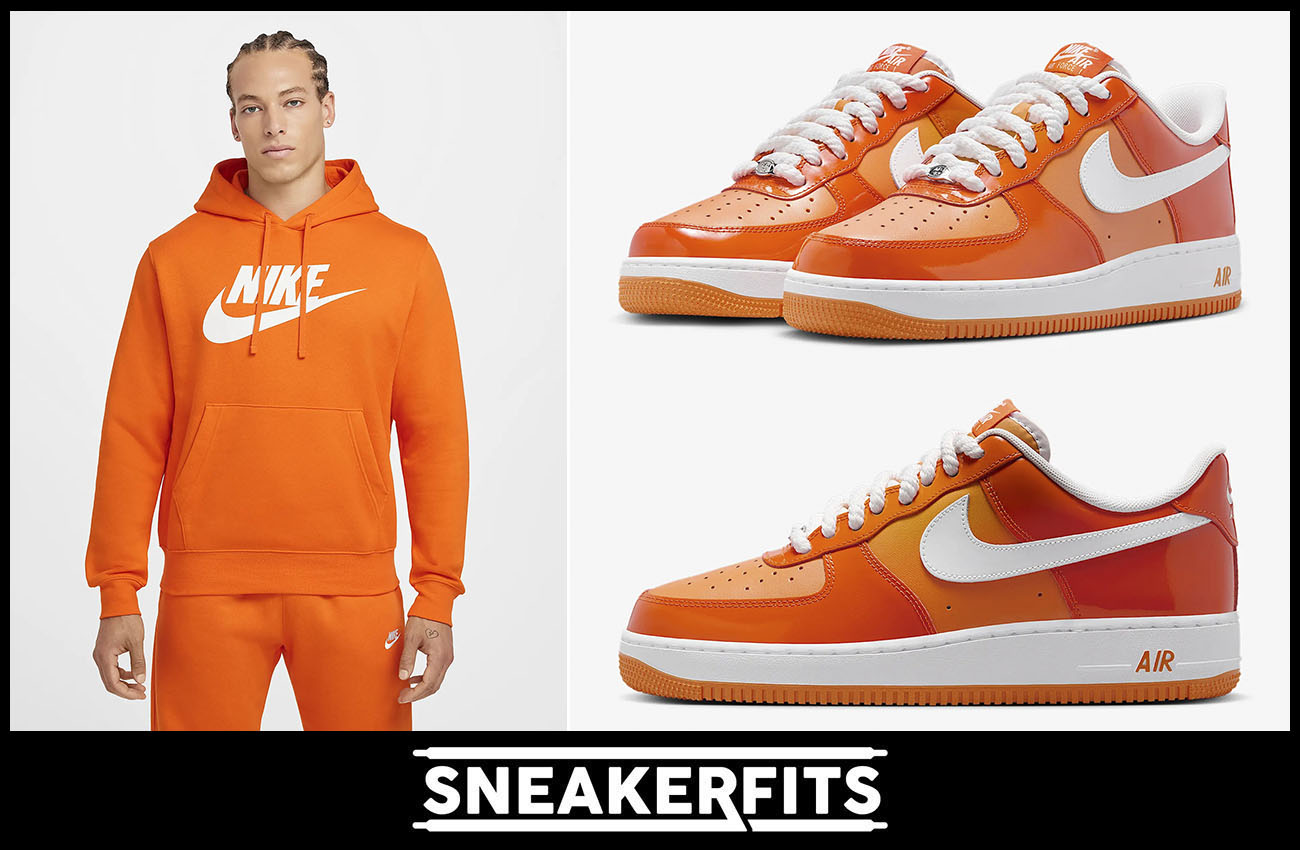 Nike Air Force 1 Low Patent Safety Orange Sneakers Nike Club Fleece Graphic Hoodie Outfit