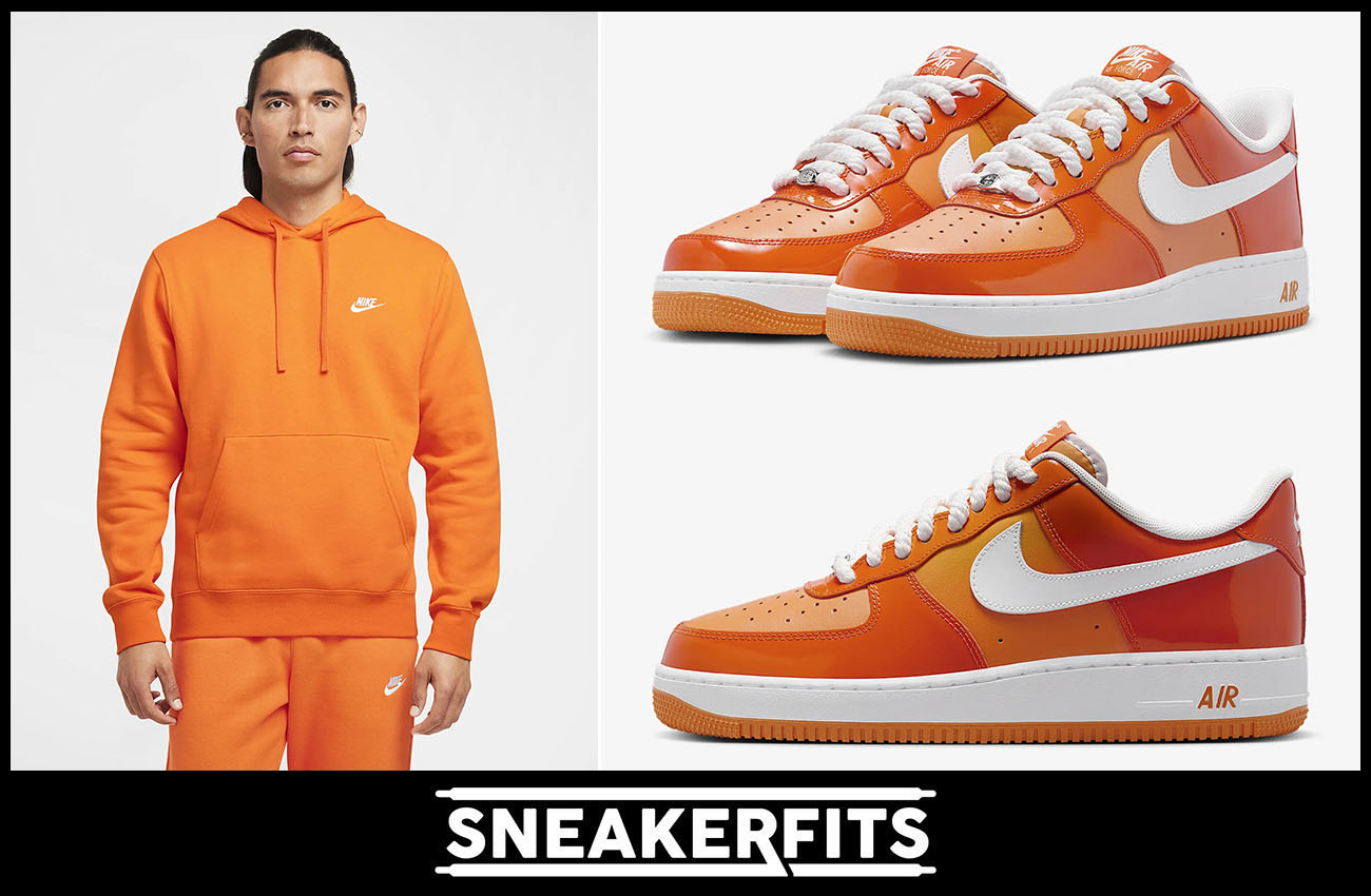 Nike Air Force 1 Low Patent Safety Orange Sneakers Nike Club Fleece Hoodie Outfit