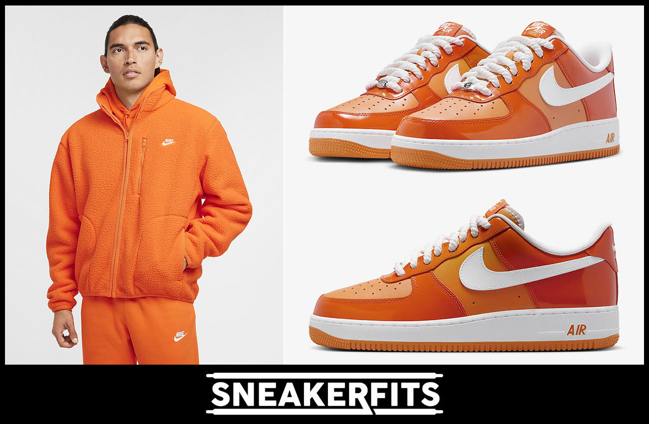 Nike Air Force 1 Low Patent Safety Orange Sneakers Nike Club Fleece Jacket Outfit