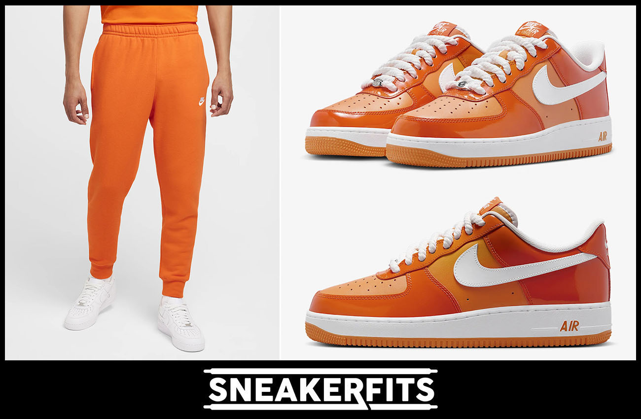 Nike Air Force 1 Low Patent Safety Orange Sneakers Nike Club Fleece Jogger Pants Outfit