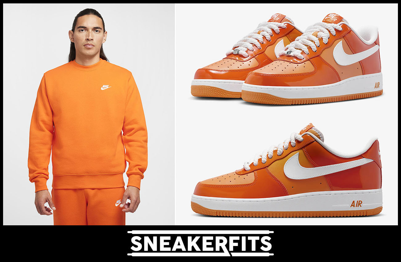 Nike Air Force 1 Low Patent Safety Orange Sneakers Nike Club Fleece Sweatshirt Outfit