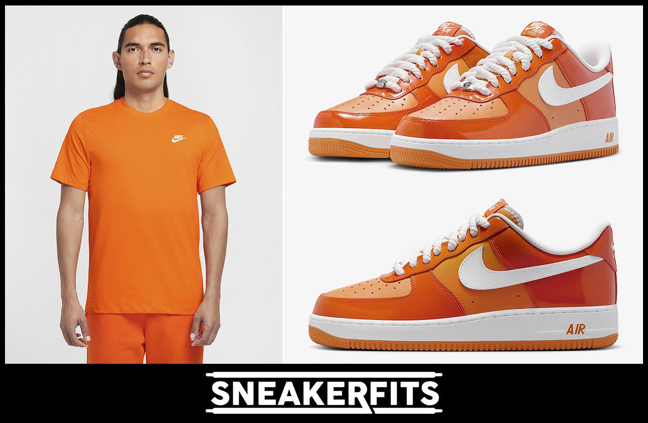 Nike Air Force 1 Low Patent Safety Orange Sneakers Nike Club T Shirt Outfit