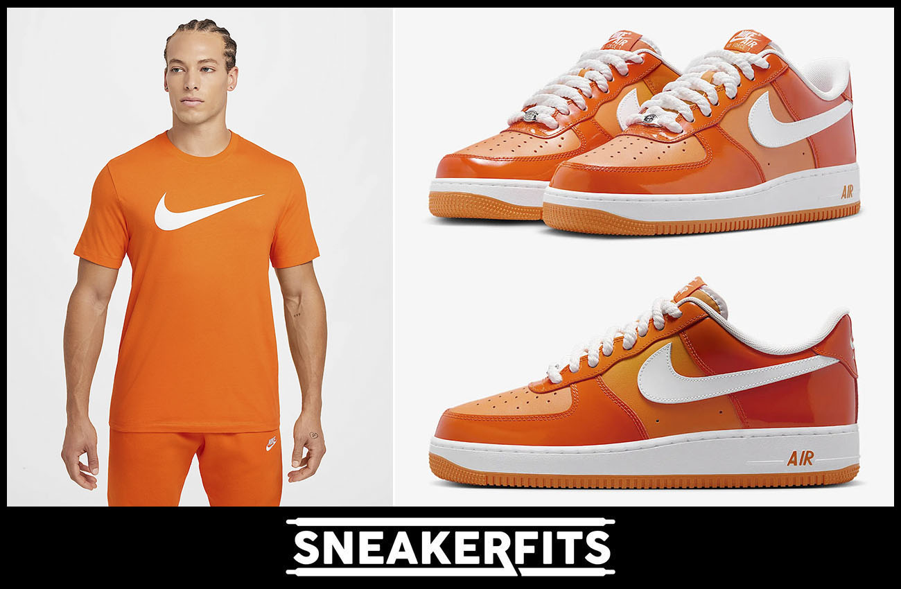 Nike Air Force 1 Low Patent Sagety Orange Sneakers Nike Swoosh T Shirt Outfit