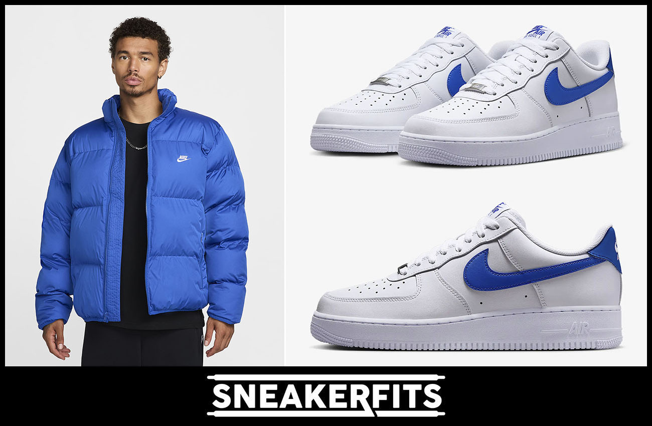 Nike Air Force 1 Low White Hyper Royal Club Puffer Jacket Outfit