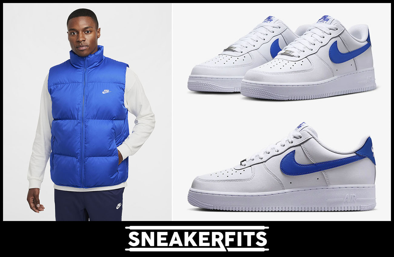 Nike Air Force 1 Low White Hyper Royal Club Puffer Vest Outfit