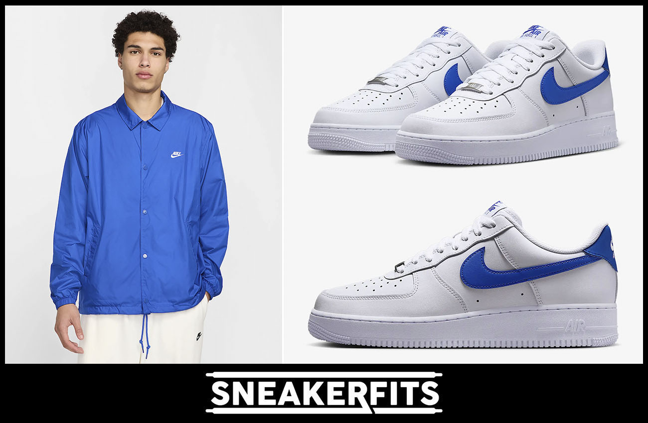 Nike Air Force 1 Low White Hyper Royal Shoes and Coaches Jacket Outfit