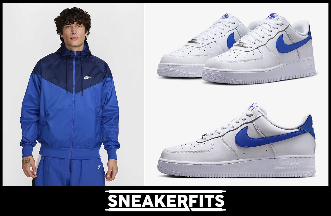 Nike Air Force 1 Low White Hyper Royal Shoes and Windrunner Jacket Outfit