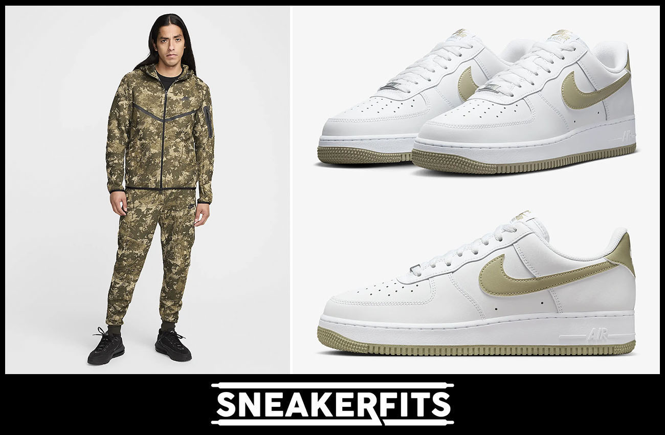 Nike Air Force 1 Low White Neutral Olive Tech Fleece Hoodie and Jogger Pants Matching Outfit