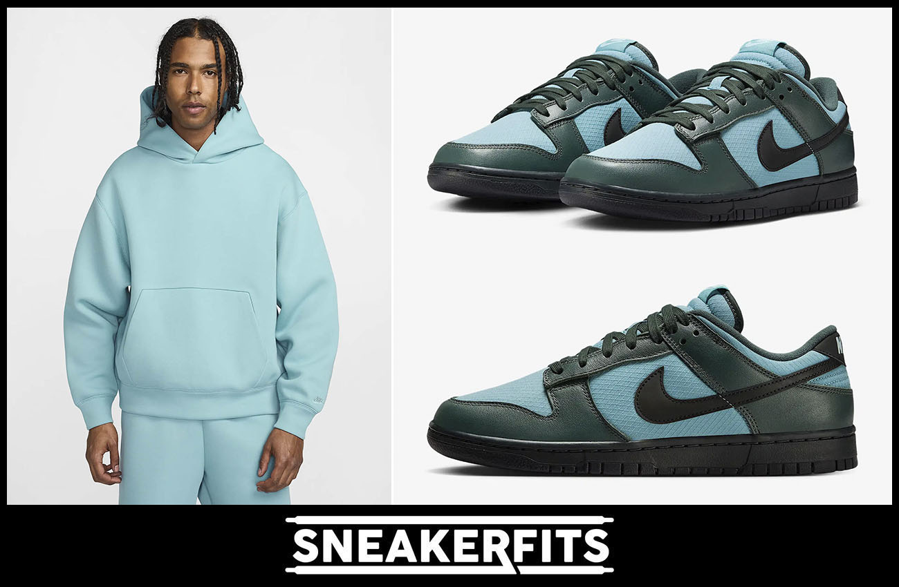 Nike Dunk low Denim Turquoise Vintage Green Tech Fleece Hoodie Pants Outfit