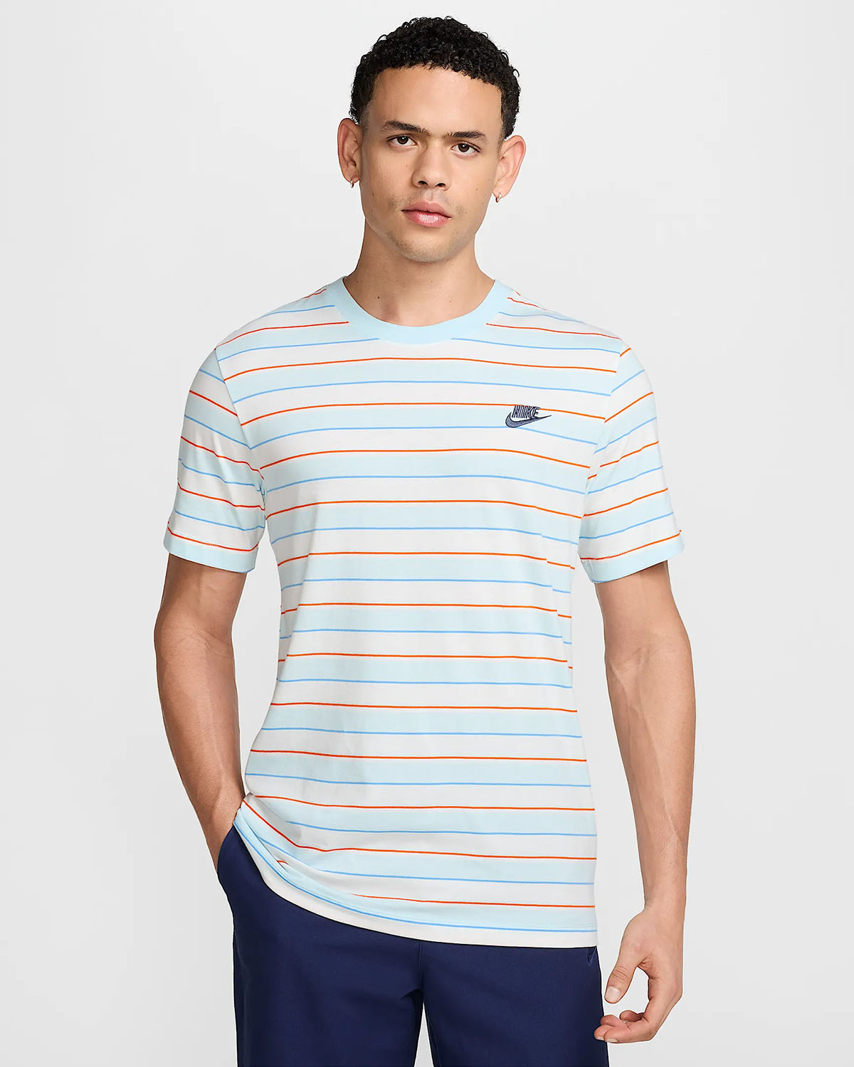 Nike Sportswear Club Striped Mens T Shirt Glacier Blue Thunder Blue Orange