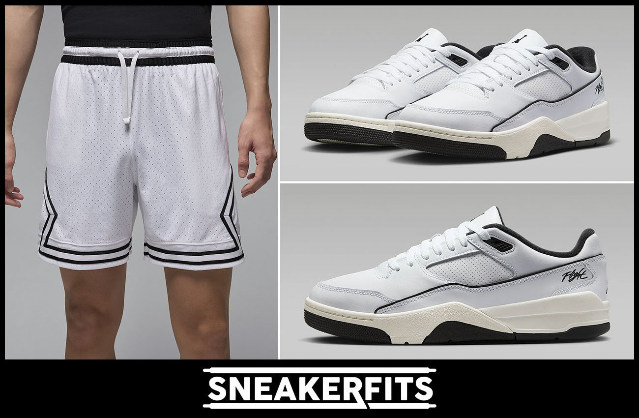 Jordan Flight Court White Black Mens Shoes and Jordan Diamond Shorts Outfit