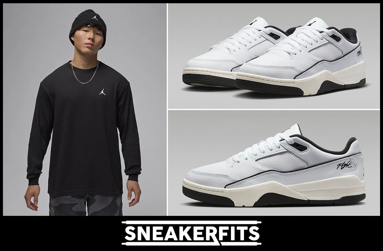 Jordan Flight Court White Black Sneakers and Long Sleeve Shirt Outfit