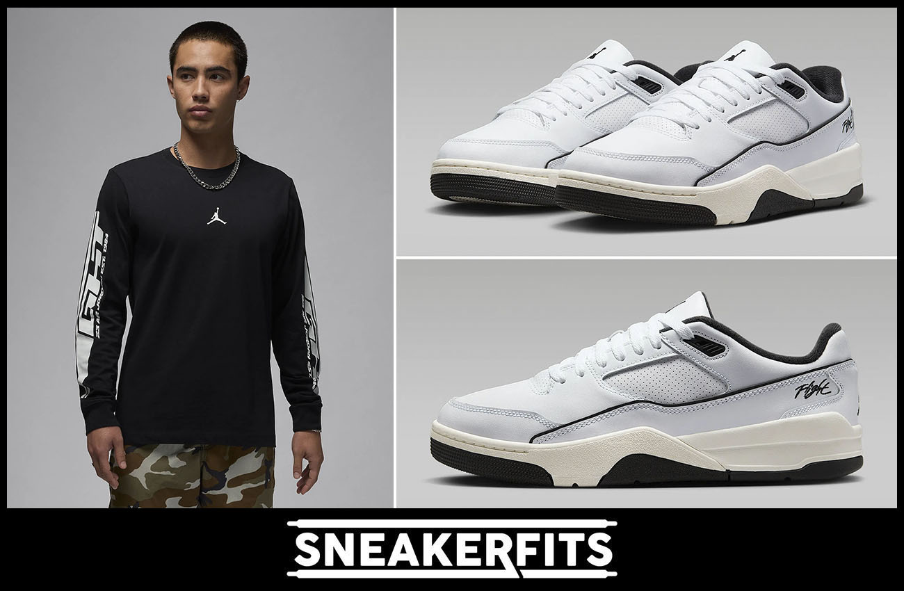 Jordan Flight Court White Black Sneakers and Long Sleeve T Shirt Outfit