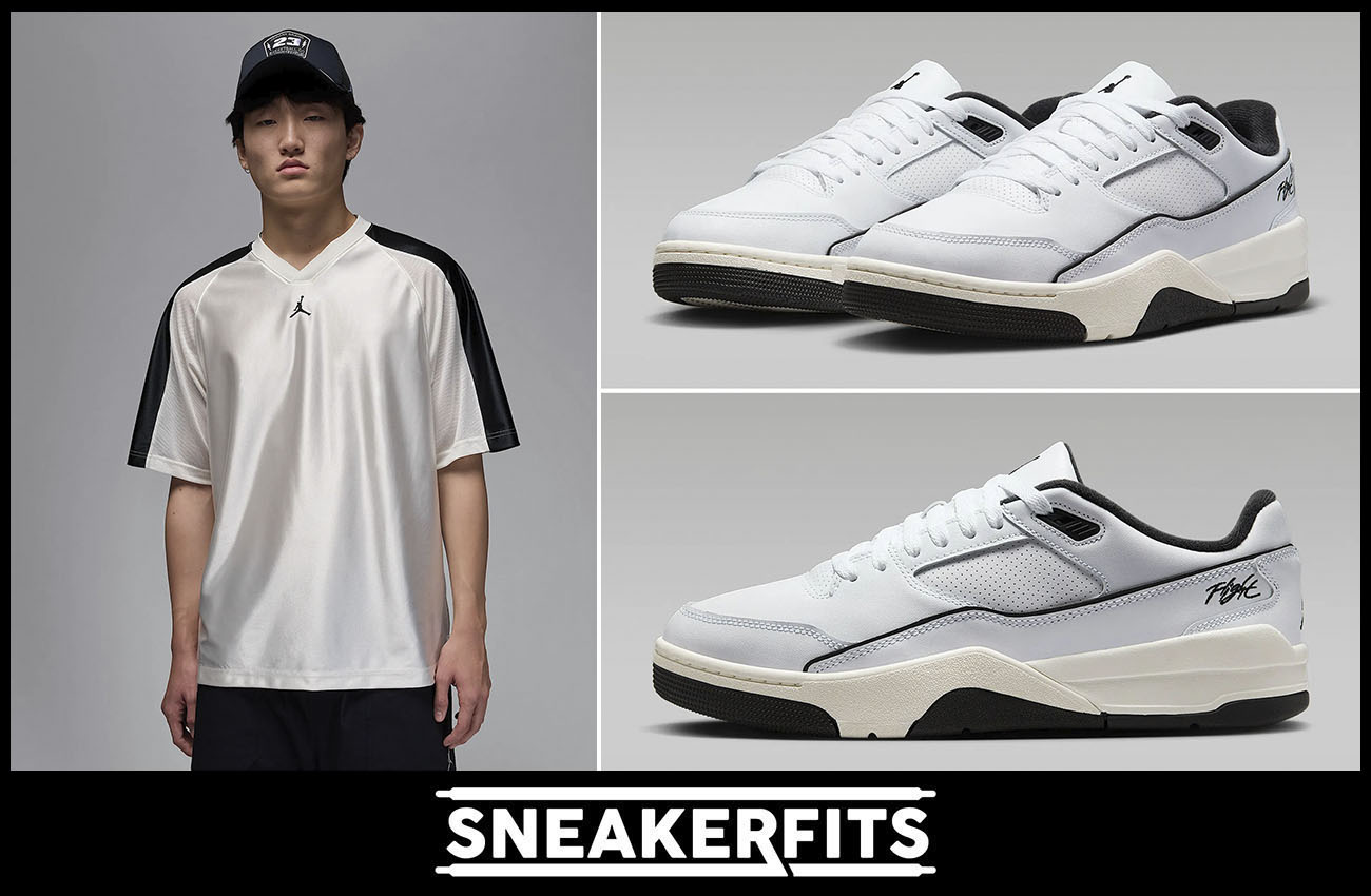 Jordan Flight Court White Sail Black Mens Shoes and Shirt Outfit