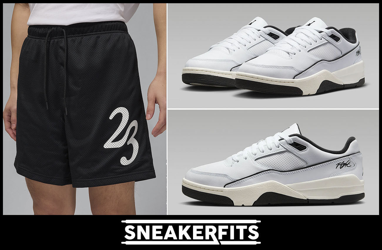 Jordan Flight Court White Sail Black Mens Sneakers and Jordan MVP Mesh Shorts Outfit