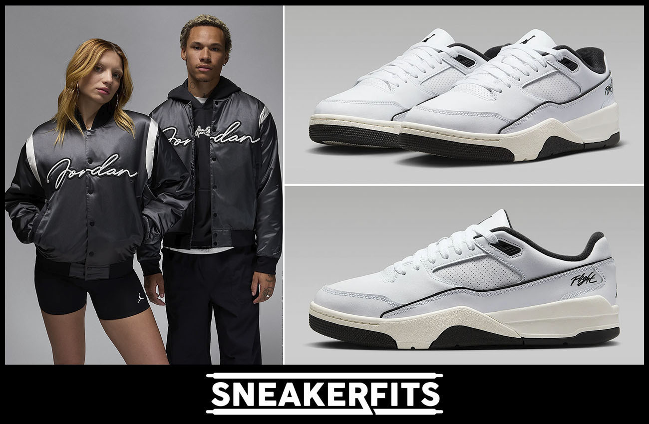 Jordan Flight Court White Sail Black Mens Sneakers and Jordan MVP Varsity Jacket Outfit