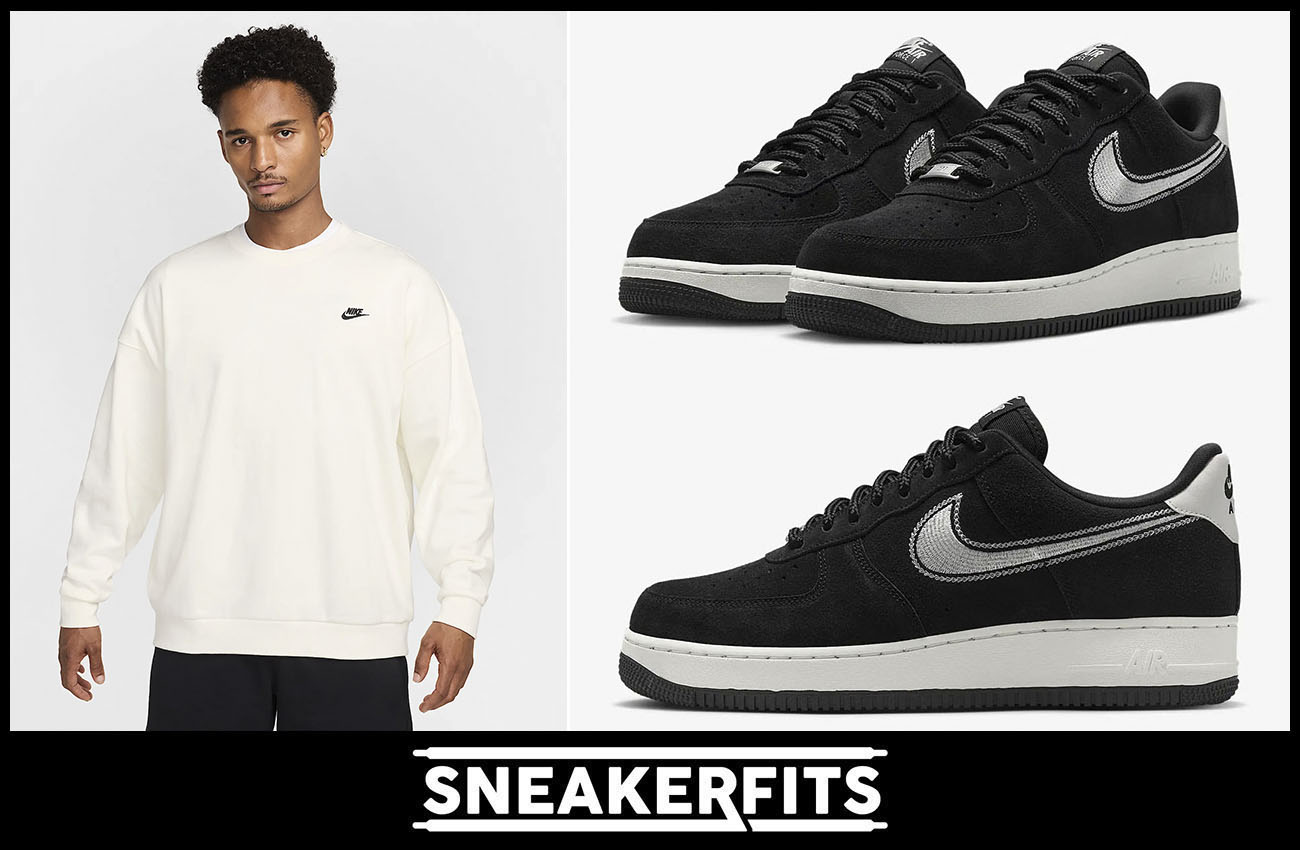 Nike Air Force 1 Low Black Sail Mens Shoes and Nike Club Fleece Crew Sweatshirt Outfit