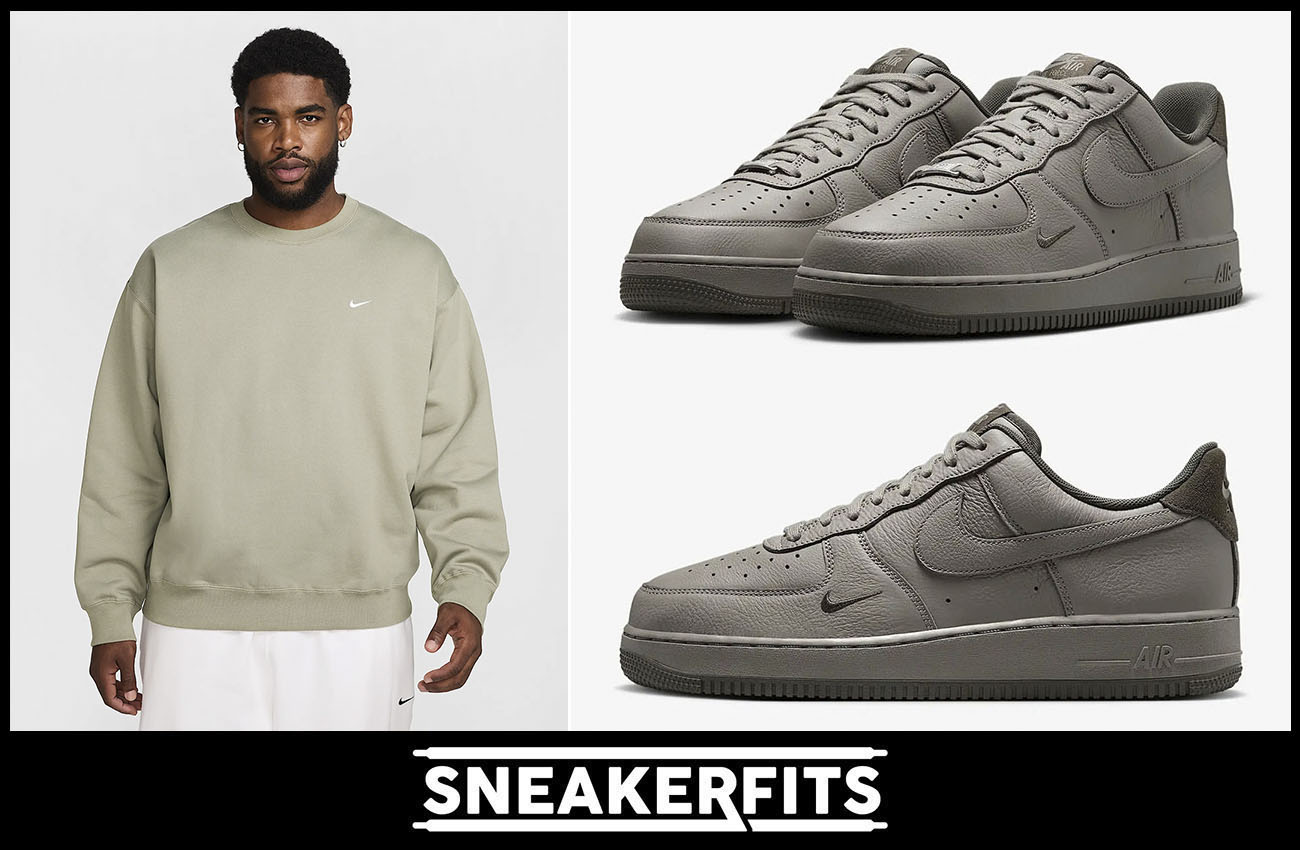 Nike Air Force 1 Low Light Army Mens Shoes and Nike Solo Swoosh Fleece Crew Sweatshirt Outfit