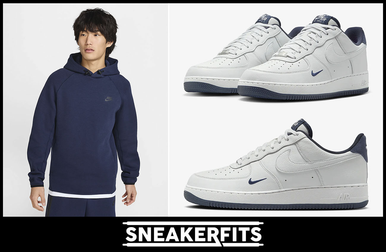 Nike Air Force 1 Low Photon Dust Obsidian Sneakers and Nike Tech Fleece Hoodie Outfit