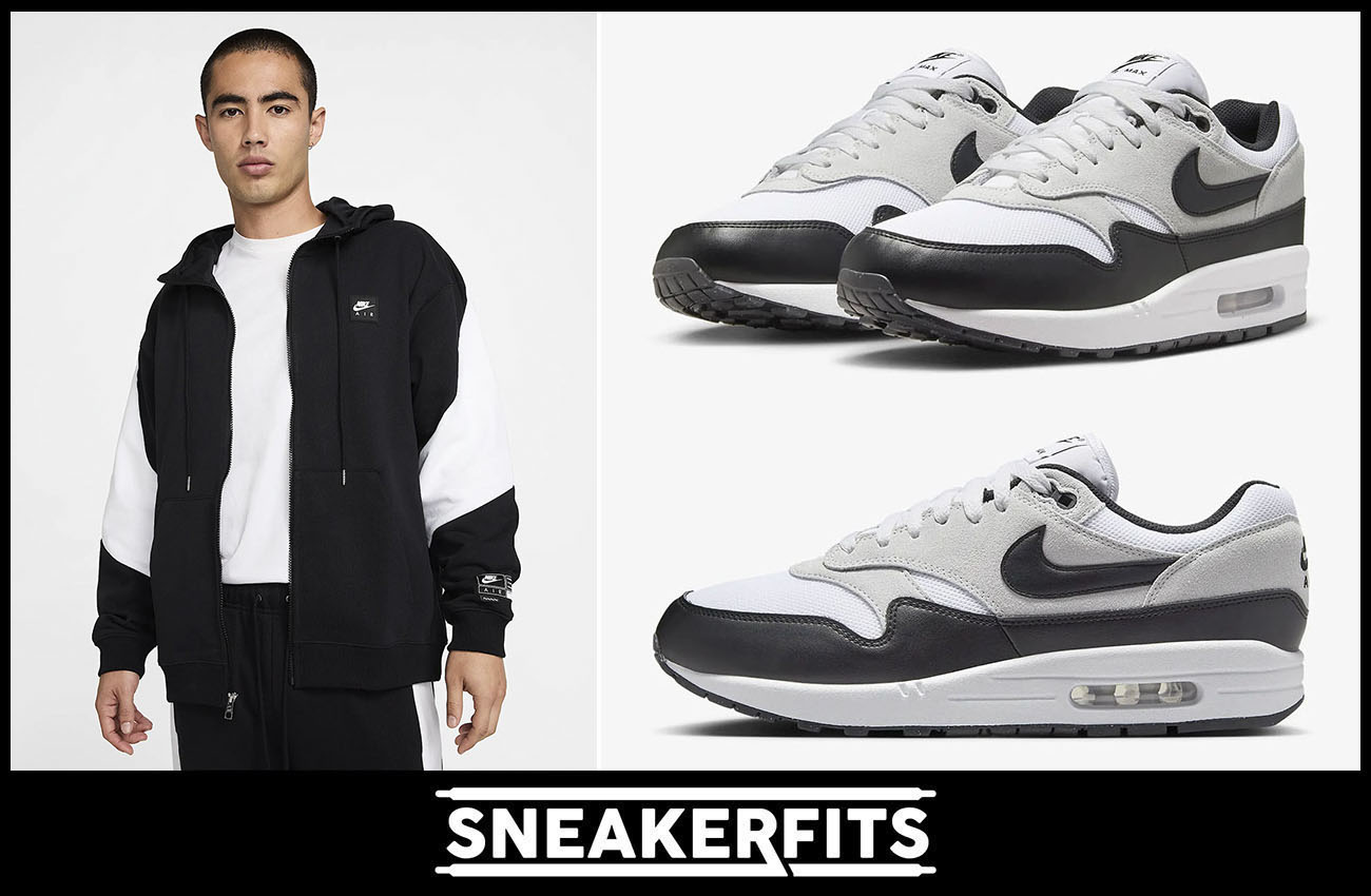 Nike Air Max 1 White Pure Platinum Black Sneakers and Nike Air Fleece Full Zip Hoodie Outfit