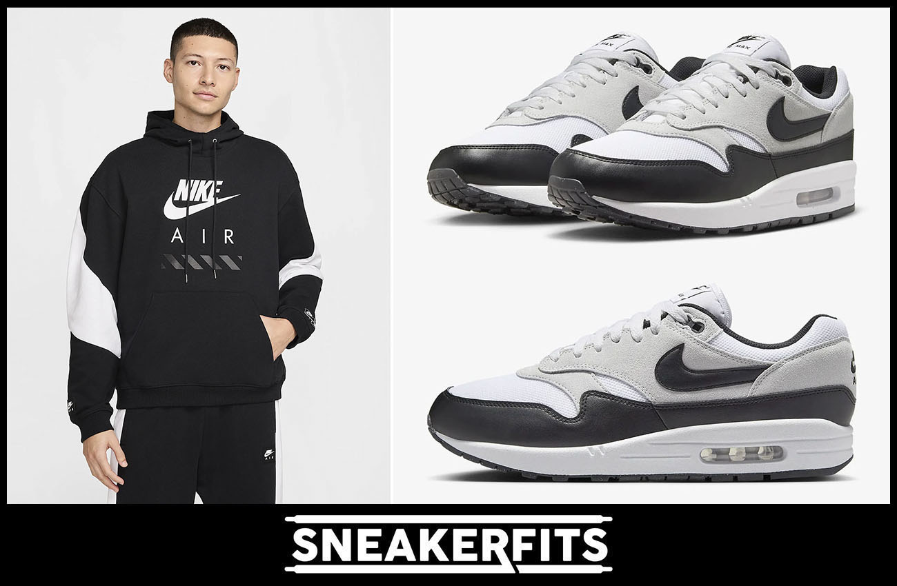 Nike Air Max 1 White Pure Platinum Black Sneakers and Nike Air Fleece Pullover Hoodie Outfit