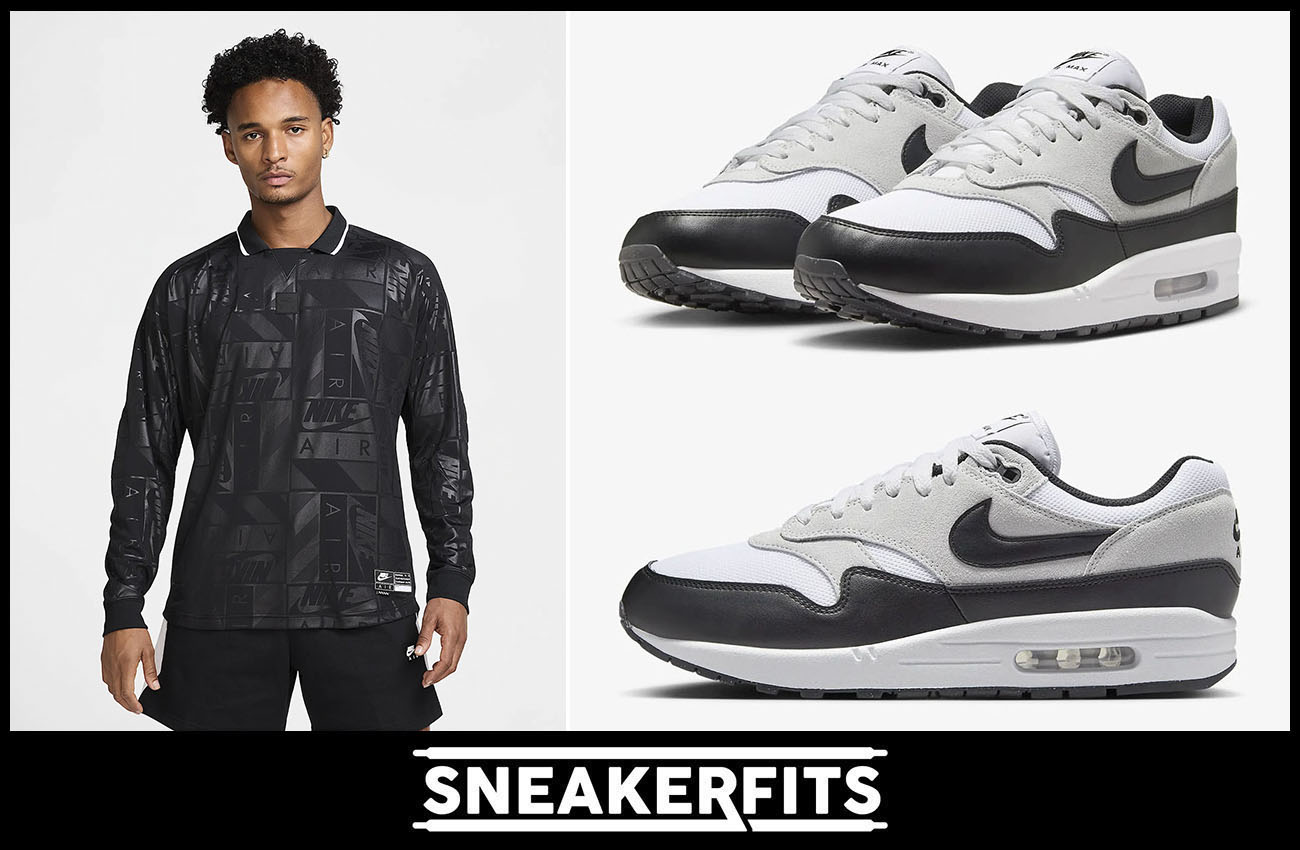 Nike Air Max 1 White Pure Platinum Black Sneakers and Nike Air Long Sleeved Jersey Shirt Outfit