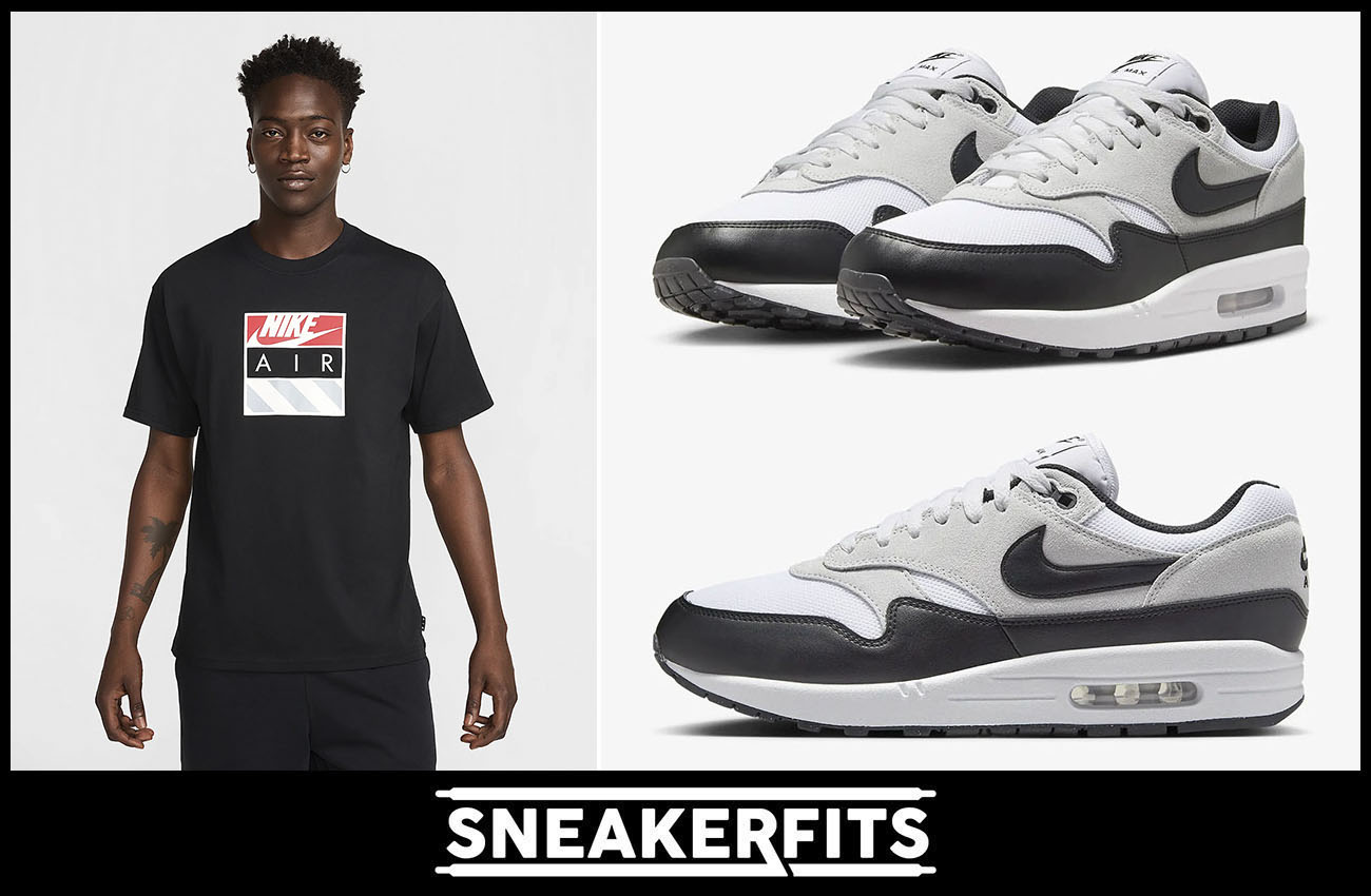 Nike Air Max 1 White Pure Platinum Black Sneakers and Nike Air T Shirt Outfit