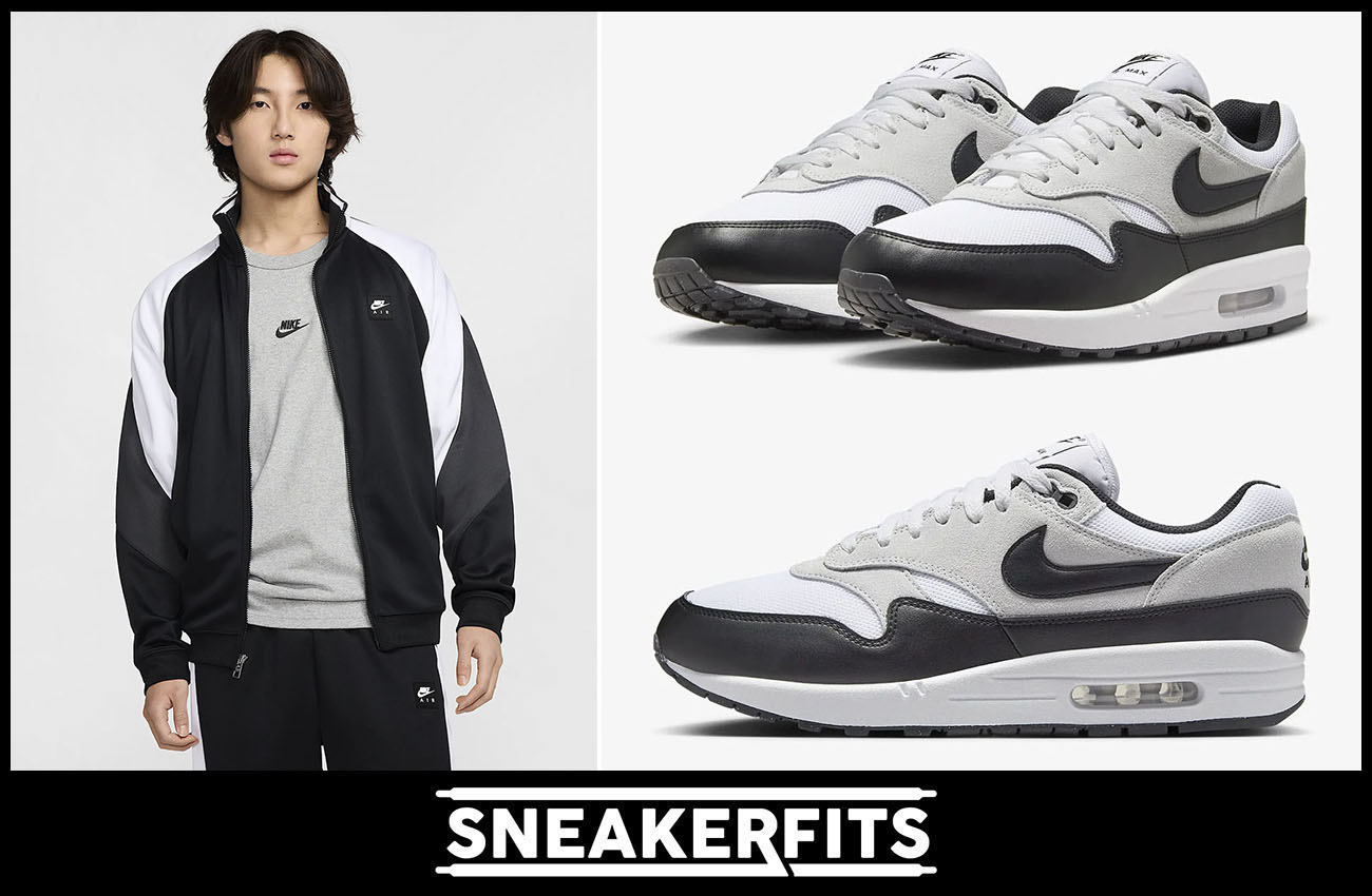 Nike Air Max 1 White Pure Platinum Black Sneakers and Nike Air Track Jacket and Pants Outfit