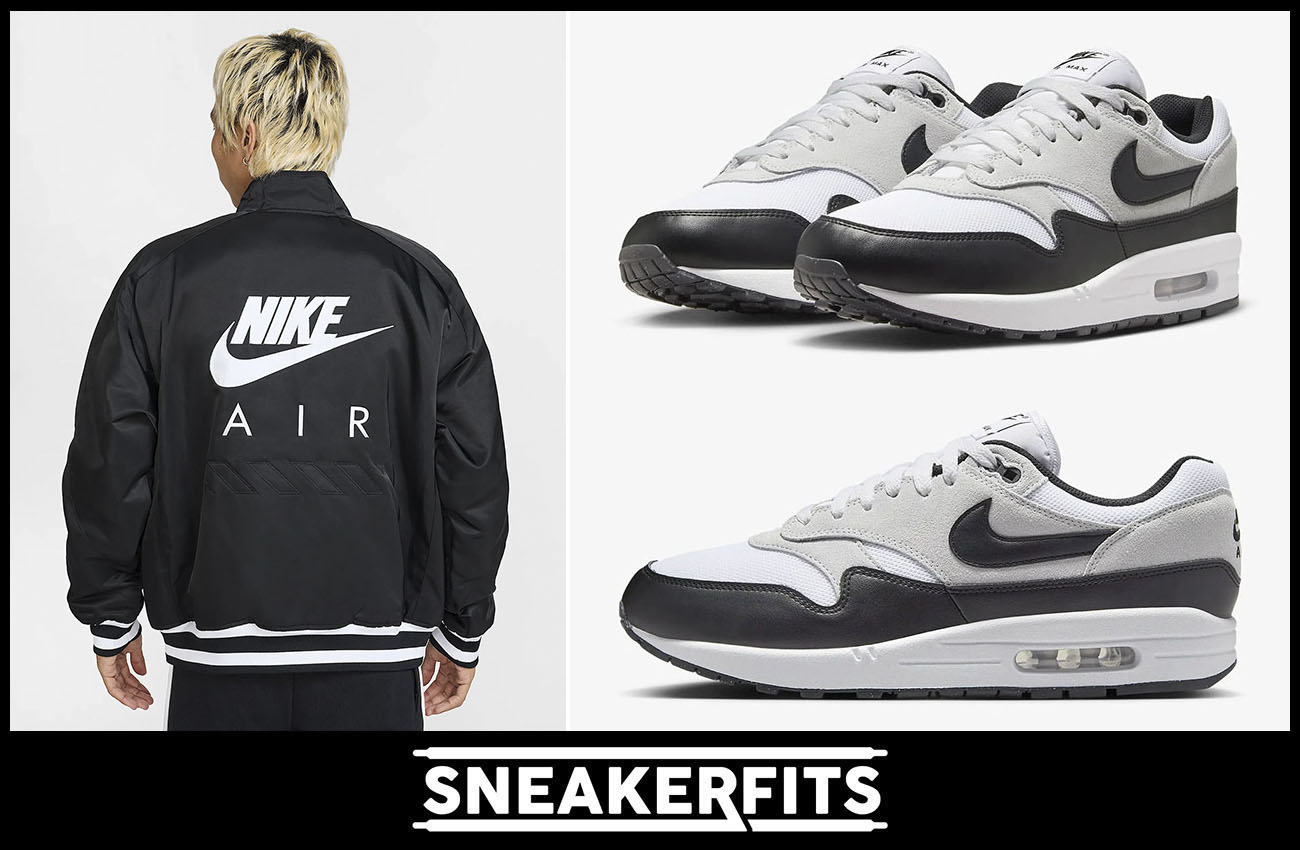 Nike Air Max 1 White Pure Platinum Black Sneakers and Nike Air Varsity Jacket Outfit