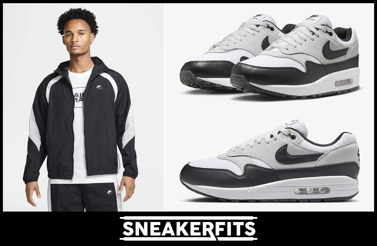 Nike Air Max 1 White Pure Platinum Black Sneakers and Nike Air Woven Jacket Outfit