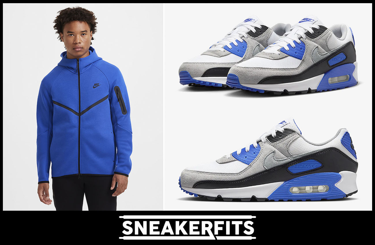 Nike Air Max 90 White Light Smoke Grey Royal Mens Shoes and Nike Tech Fleece Hoodie Outfit