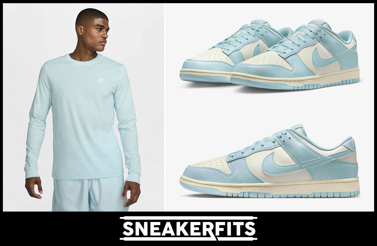 Nike Dunk Low Pale Ivory Glacier Blue Mens Shoes and Nike Club Long Sleeve Shirt Outfit