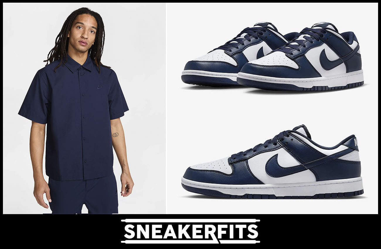 Nike Dunk Low White Midnight Navy Sneakers and Nike Club Button Down Shirt Outfit