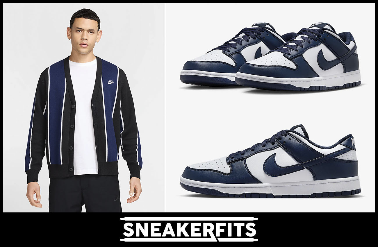 Nike Dunk Low White Midnight Navy Sneakers and Nike Club Fairway Stripe Sweater Outfit