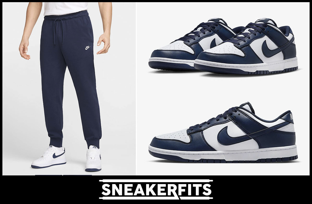 Nike Dunk Low White Midnight Navy Sneakers and Nike Club Jogger Pants Outfit