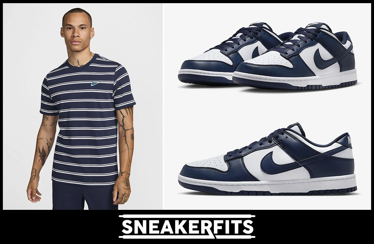 Nike Dunk Low White Midnight Navy Sneakers and Nike Club Stripe T Shirt Outfit