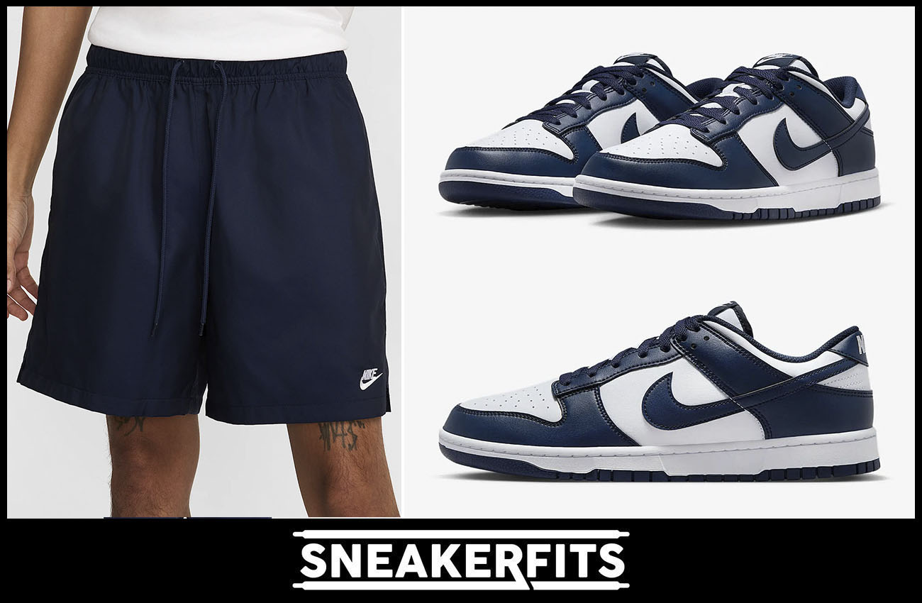 Nike Dunk Low White Midnight Navy Sneakers and Nike Club Woven Flow Shorts Outfit