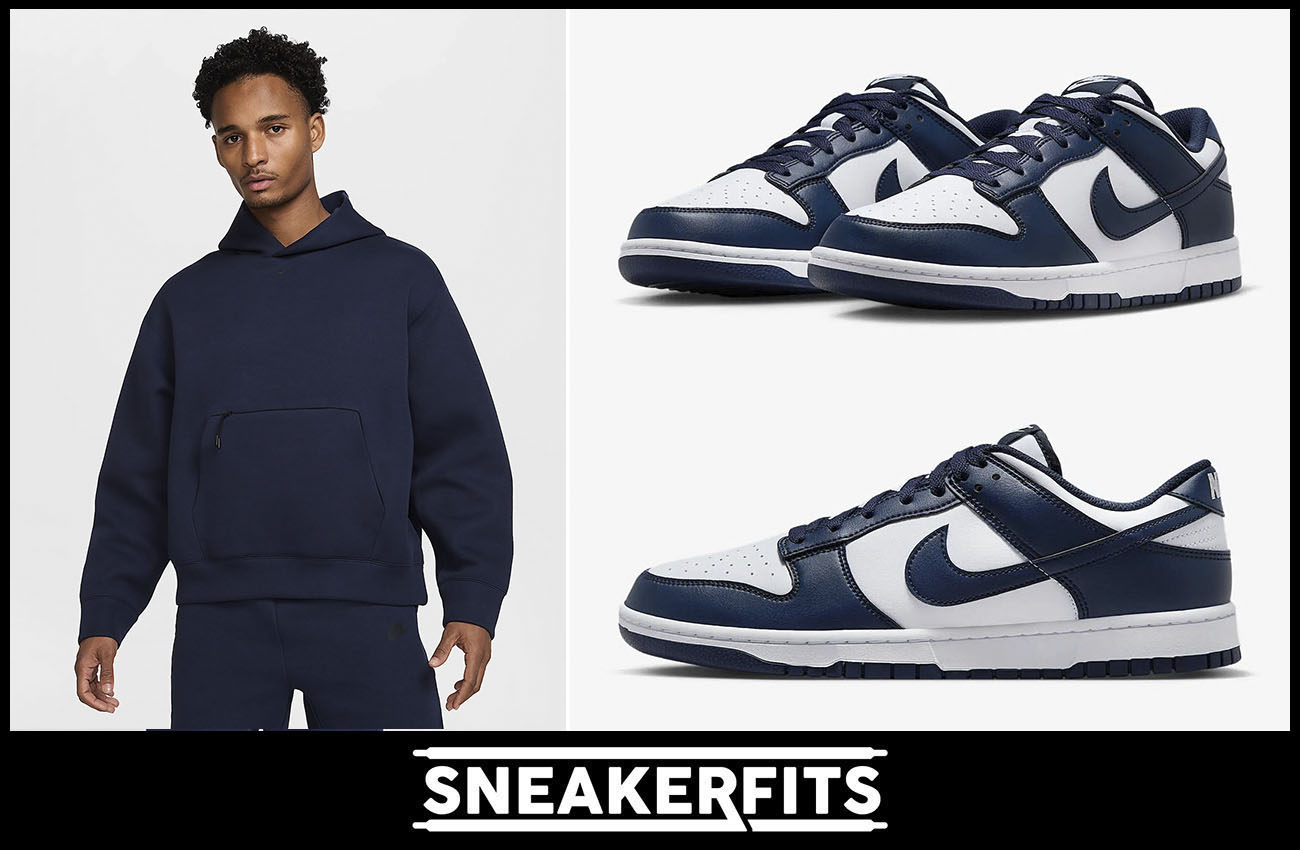 Nike Dunk Low White Midnight Navy Sneakers and Nike Tech Fleece Oversized Pullover Hoodie Outfit